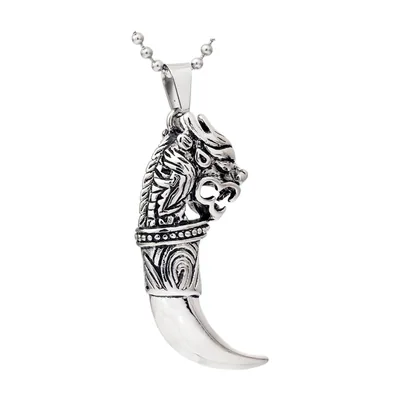 Pendentif Corne de Taureau avec Chaîne à Billes, Acier Inoxydable