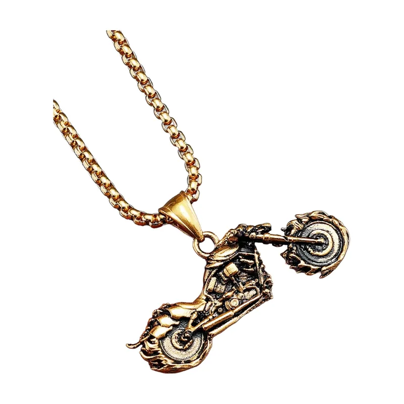 Motorcycle Pendant Necklace with Flame Motif, Stainless Steel