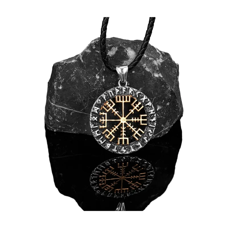 Vegvisir Norse Compass Pendant with Braided Cord, Stainless Steel