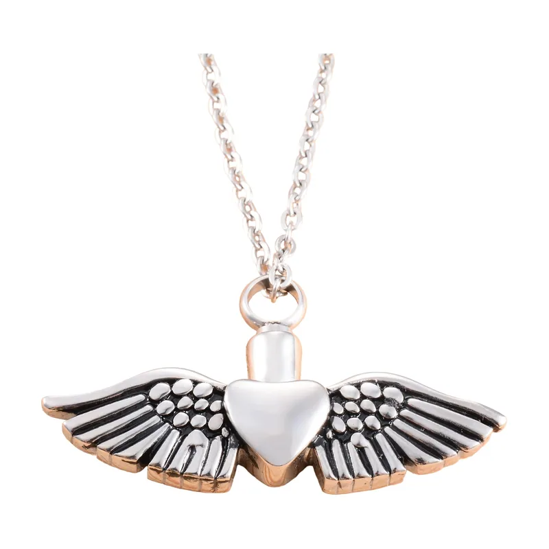 Pendentif Urne Cœur Ailé avec Chaîne, Acier Inoxydable 316L