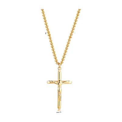 Crucifix Cross Pendant with Curb Chain, Stainless Steel