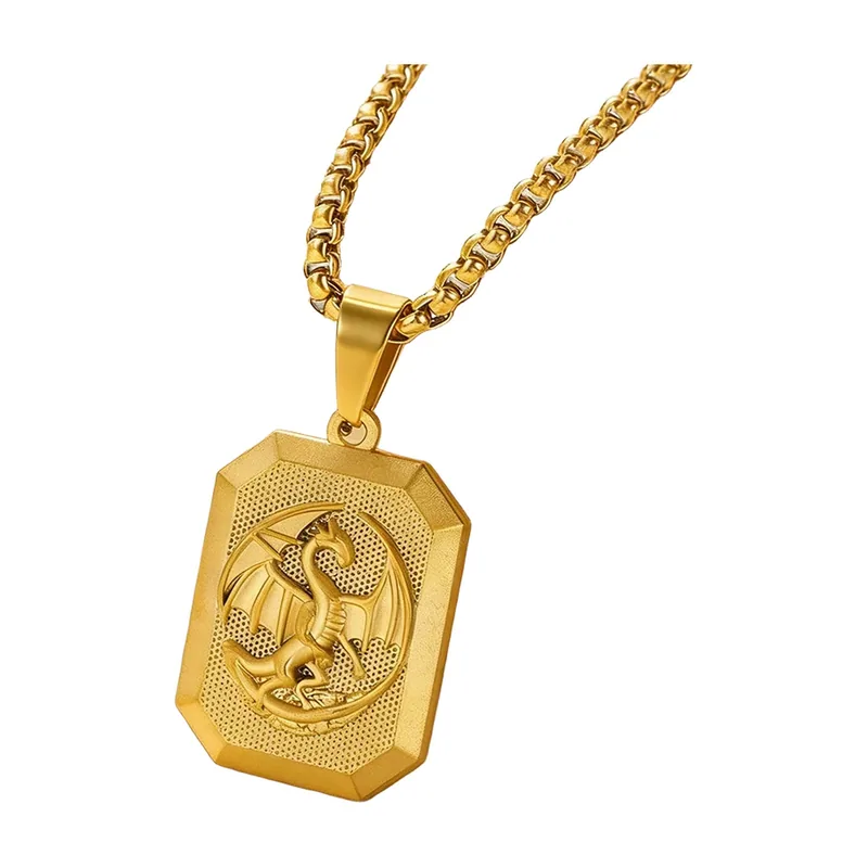 Collier Pendentif Dragon avec Médaillon Octogonal, Acier Inoxydable