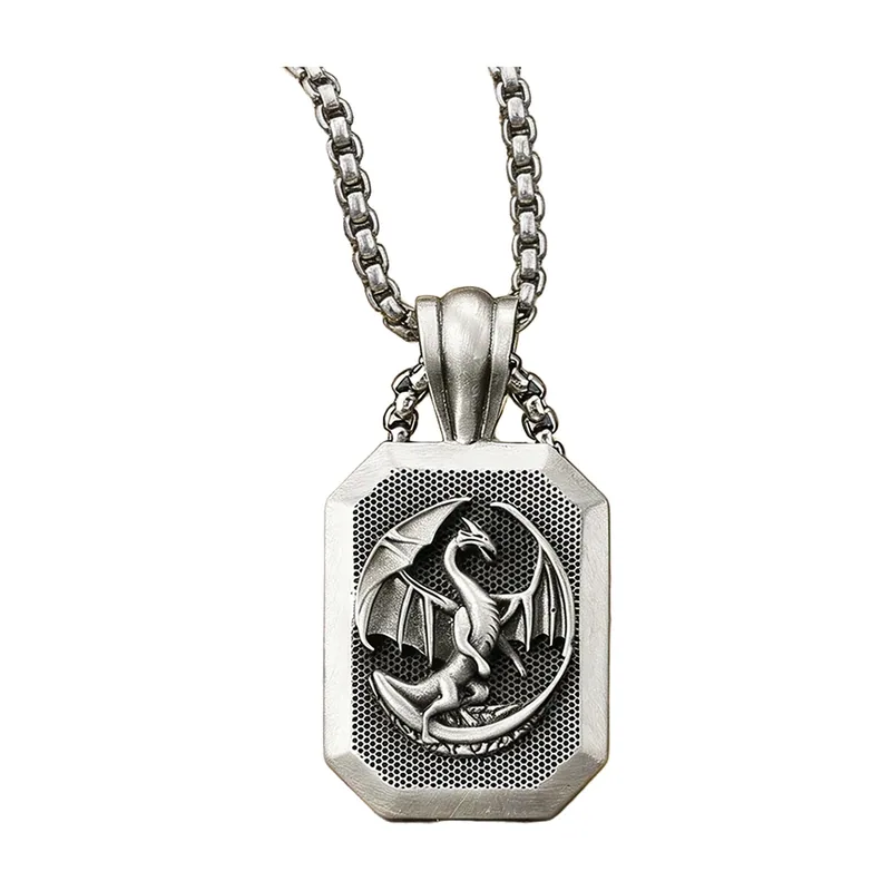 Collier Pendentif Dragon avec Médaillon Octogonal, Acier Inoxydable