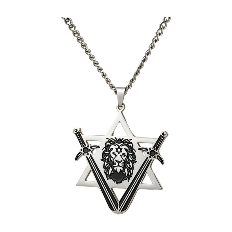 Pendentif Lion et Étoile de David avec Épées Croisées, Acier Inoxydable