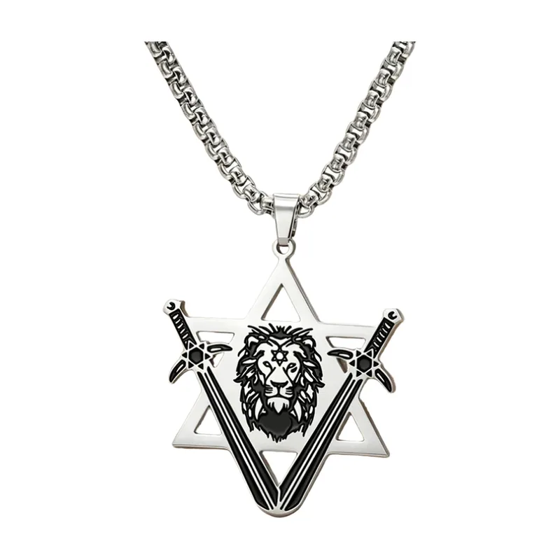 Pendentif Lion et Étoile de David avec Épées Croisées, Acier Inoxydable