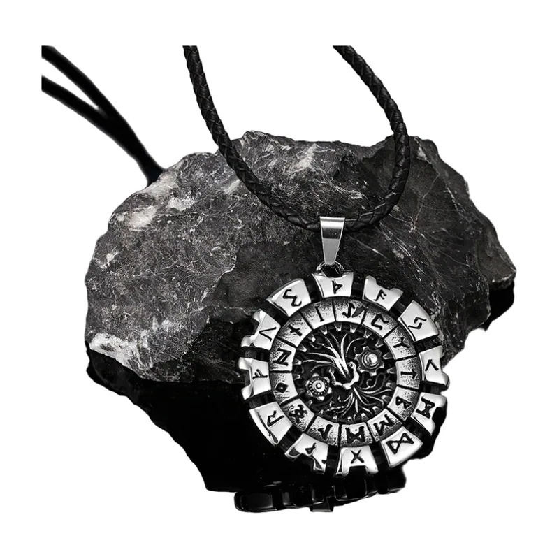 Colgante Yggdrasil Árbol de la Vida y Vegvisir con Cordón Trenzado, Acero Inoxidable