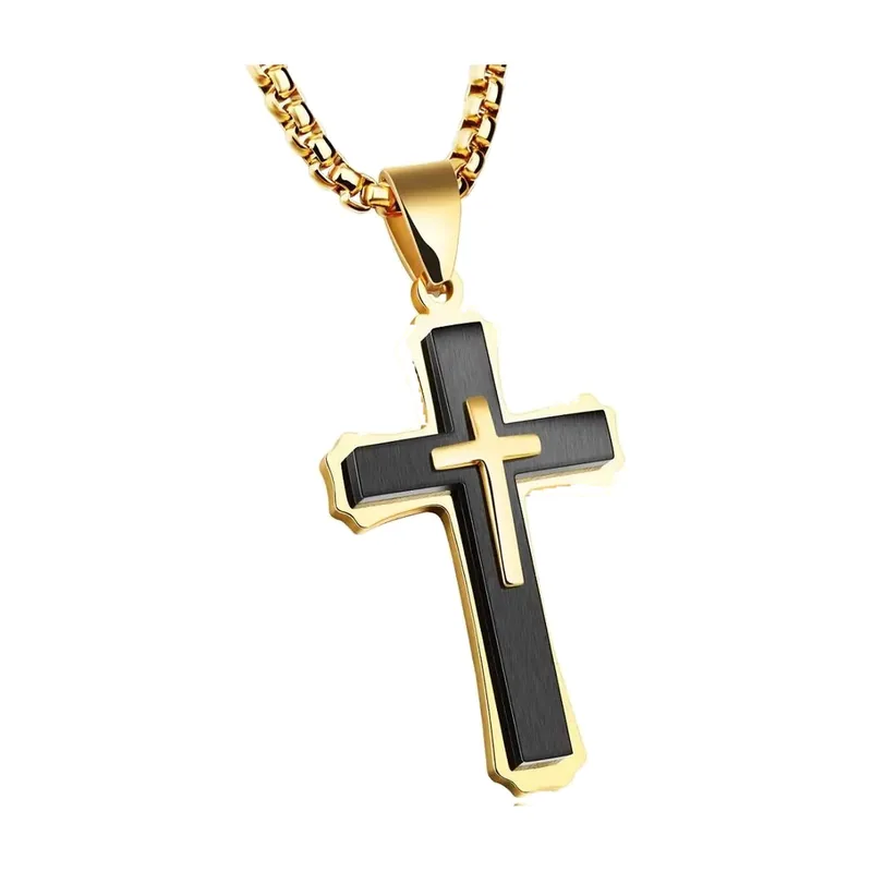 Collier avec Pendentif Croix Noir et Or, Acier Inoxydable