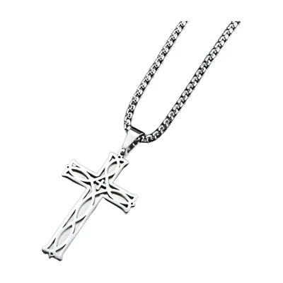 Gothic Cross Pendant with Curb Chain, Stainless Steel