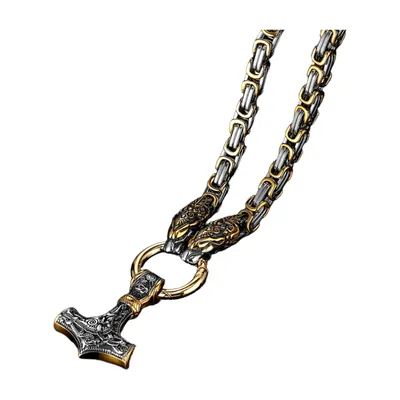 Mjölnir Thors Hammer Anhänger mit Vegvisir Runenkette, Edelstahl