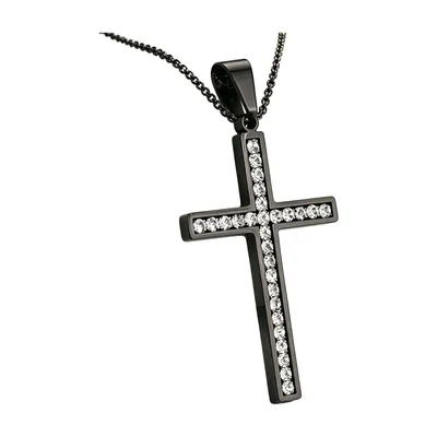 Cross Pendant Necklace with Cubic Zirconia, Black Stainless Steel
