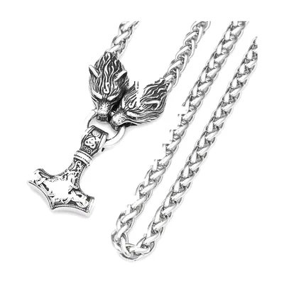 Thors Hammer Mjölnir Anhänger mit Wolfsköpfen, Edelstahl