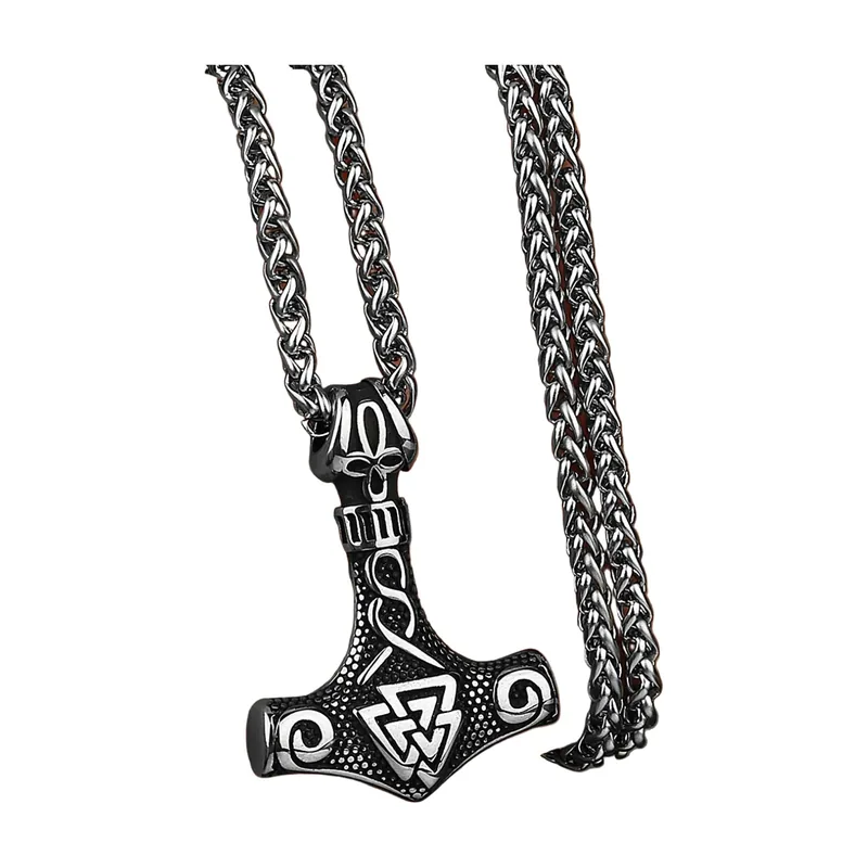 Thor's Hammer Mjolnir Pendant with Rune Chain, Stainless Steel