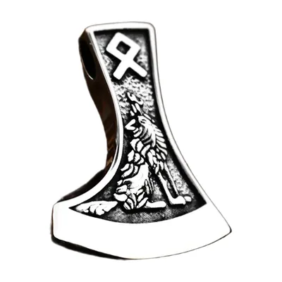 Colgante de Hacha de Thor con Motivo de Lobo, Acero Inoxidable