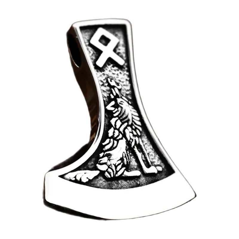 Thors Axt Anhänger mit Wolfs-Motiv, Edelstahl