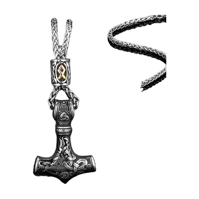 Thors Hammer Mjölnir Anhänger mit Runenkette, Edelstahl