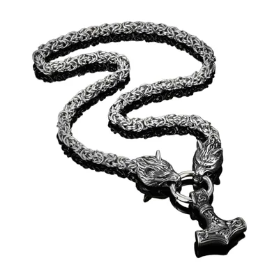 Thors Hammer Mjölnir Anhänger mit Wolfsköpfen, Edelstahl