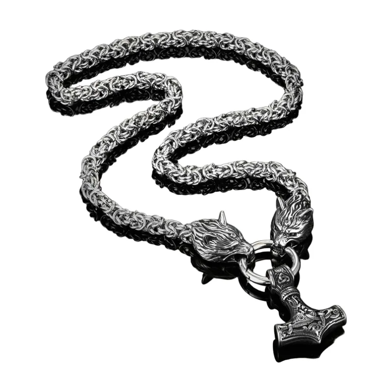 Thor's Hammer Mjölnir Pendant with Wolf Heads, Stainless Steel