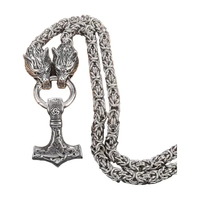 Thors Hammer Mjölnir Anhänger mit Doppelwolf-Köpfen, Edelstahl