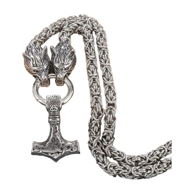 Pendente Mjölnir Martello di Thor con Doppie Teste di Lupo, Acciaio Inossidabile