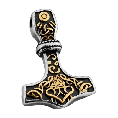 Colgante Mjölnir Martillo de Thor con Detalles Dorados, Acero Inoxidable