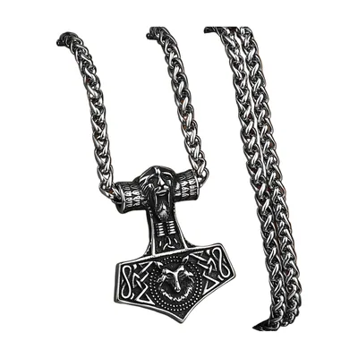 Pendente Mjölnir Martello di Thor con Motivo Lupo, Acciaio Inossidabile