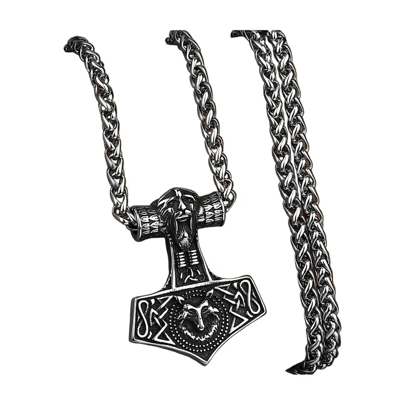 Mjölnir Thors Hammer Anhänger mit Wolf-Motiv, Edelstahl