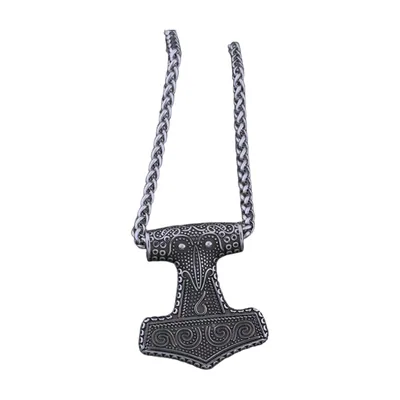 Mjölnir Thors Hammer Anhänger mit Raben-Detail, Edelstahl