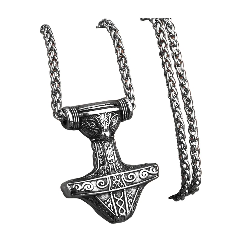 Thors Hammer Mjölnir Anhänger mit Wolfsmotiv, Edelstahl