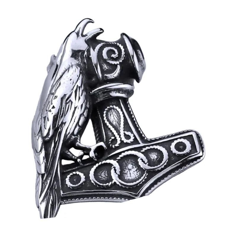 Collier Pendentif Mjölnir et Corbeau, Acier Inoxydable