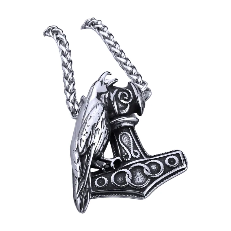 Collana con Pendente Mjölnir e Corvo, Acciaio Inossidabile