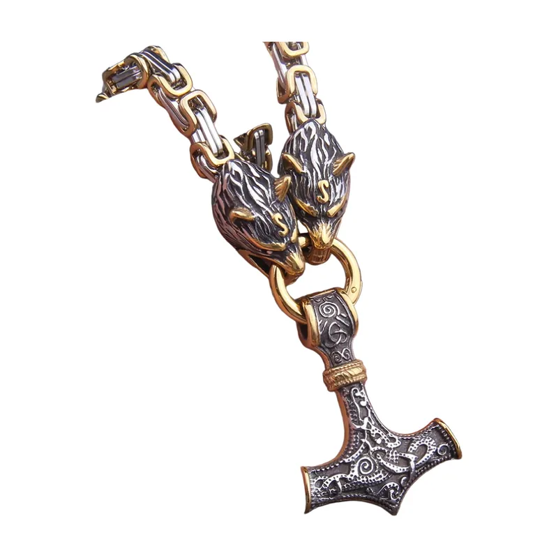 Collana Mjölnir Martello di Thor con Teste di Drago, Acciaio Inossidabile