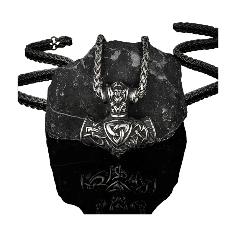 Pendentif Mjölnir Marteau de Thor avec Nœud Nordique, Acier Inoxydable