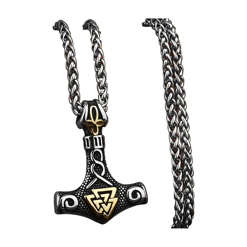 Thors Hammer Mjölnir Anhänger mit Valknut-Symbol, Edelstahl