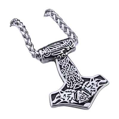 Pendentif Mjölnir Marteau de Thor avec motif Loup, Acier Inoxydable