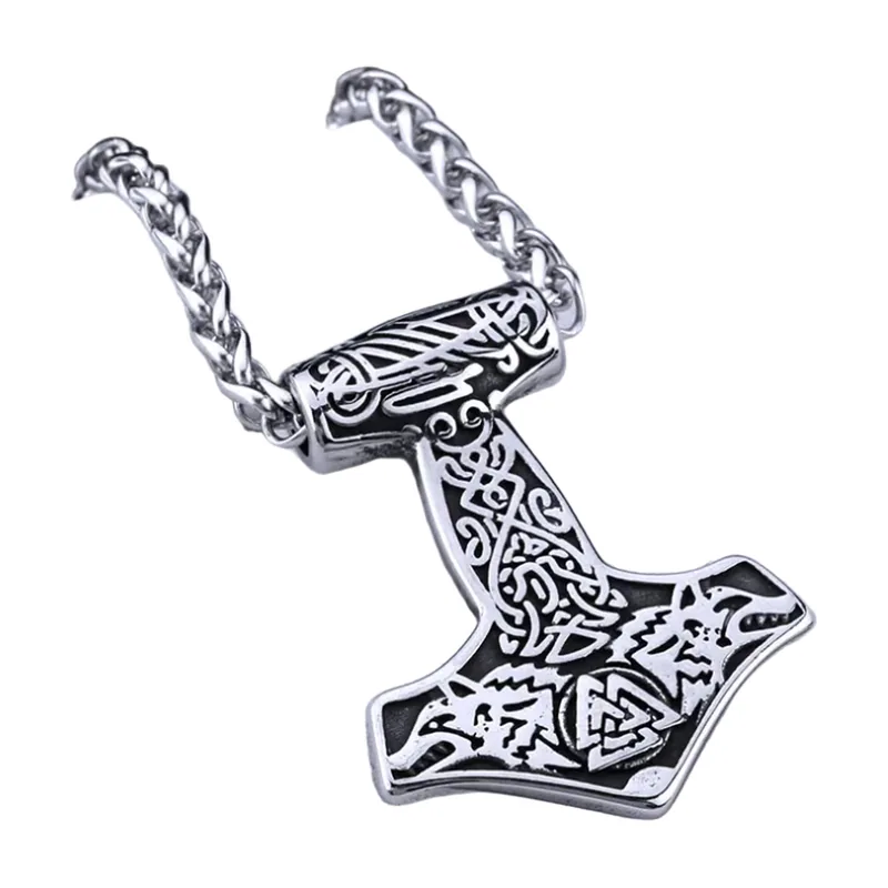 Mjölnir Thors Hammer Anhänger mit Wolf-Design, Edelstahl