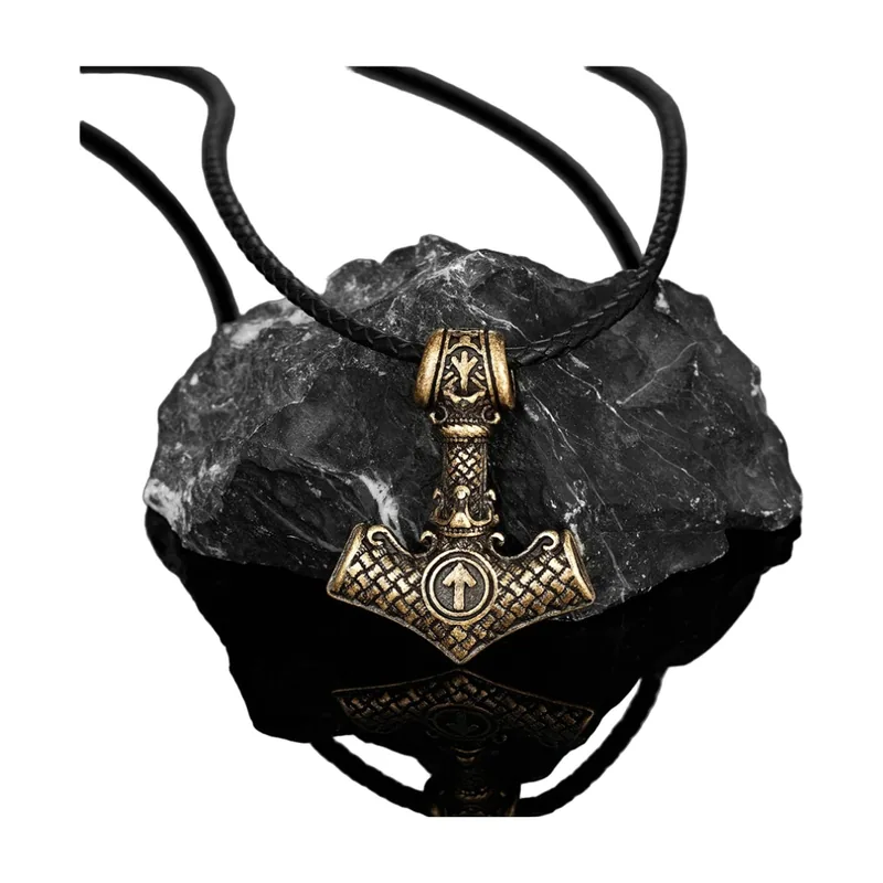 Pendentif Mjölnir Marteau de Thor avec cordon tressé, Acier Inoxydable