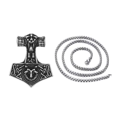 Thor's Hammer Mjölnir Pendant with Wolf Motif, Stainless Steel