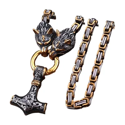 Collier Pendentif Tête de Loup et Marteau de Thor, Acier Inoxydable