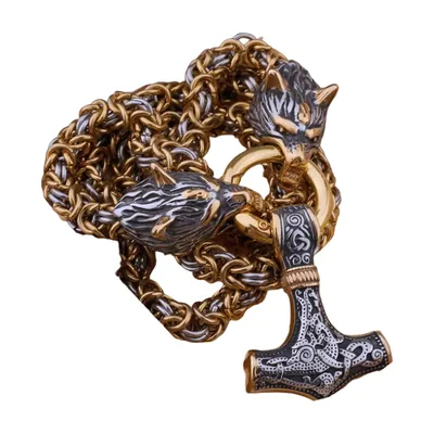 Wolf und Mjölnir Hammer Anhänger mit Kordelkette, Edelstahl