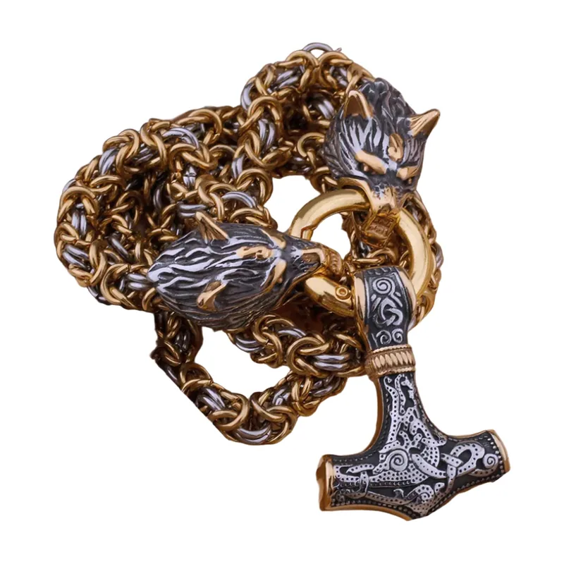 Pendentif Loup et Marteau de Mjölnir avec Chaîne, Acier Inoxydable
