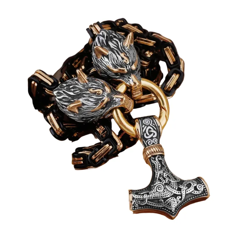 Mjölnir Thors Hammer Anhänger mit Wolfsköpfen, Edelstahl