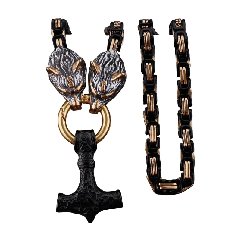 Wolf und Mjölnir Hammer Anhänger mit Kette, Edelstahl