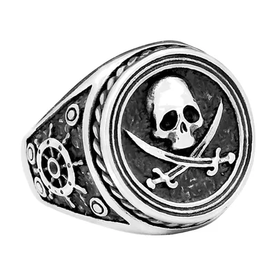 Herren Siegelring mit Totenkopf und Steuerrad, Edelstahl