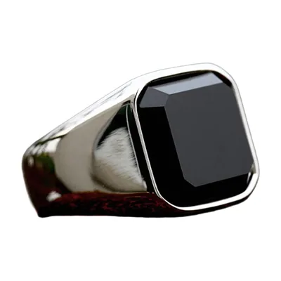 Anello Sigillo quadrato con pietra d'agata nera, Acciaio Inox