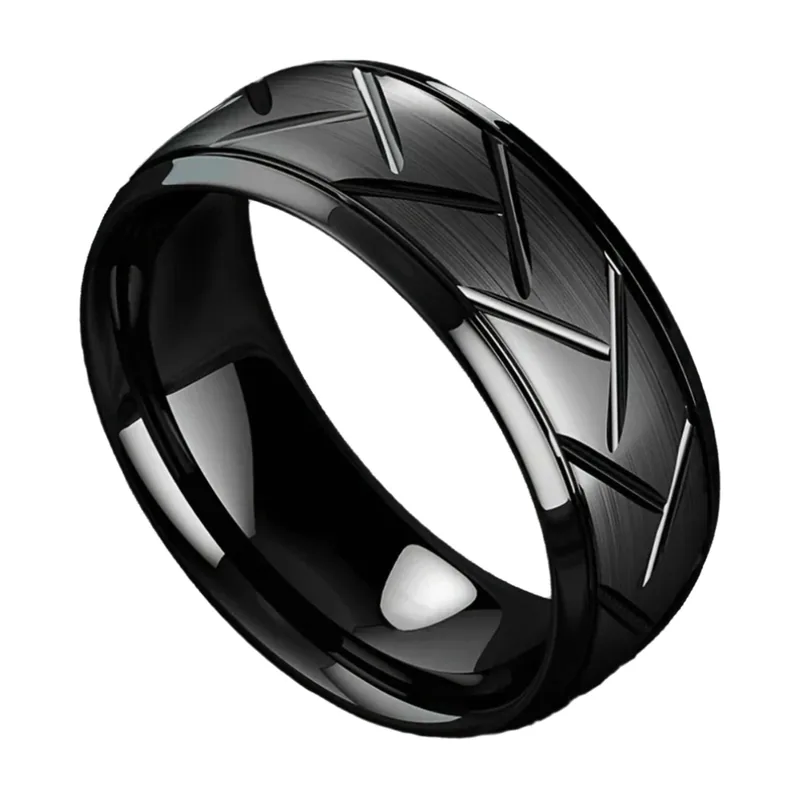Geometric Faceted Groove Ring, Black Stainless Steel