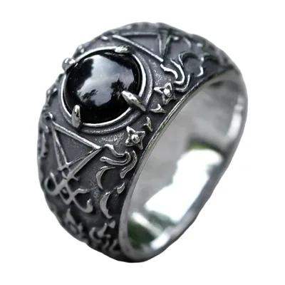 Anello Sigillo Lucifer con pietra nera, acciaio inossidabile