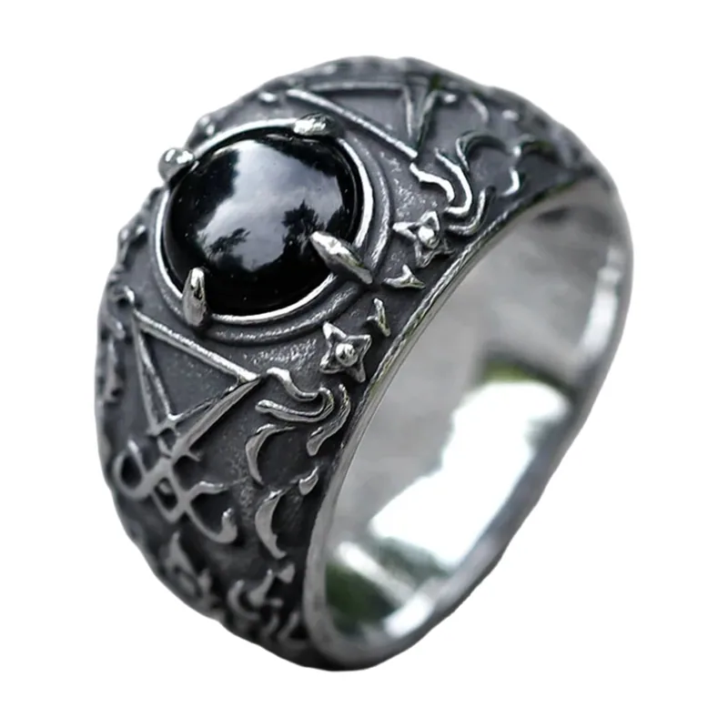 Lucifer Siegelring mit schwarzem Stein, Edelstahl