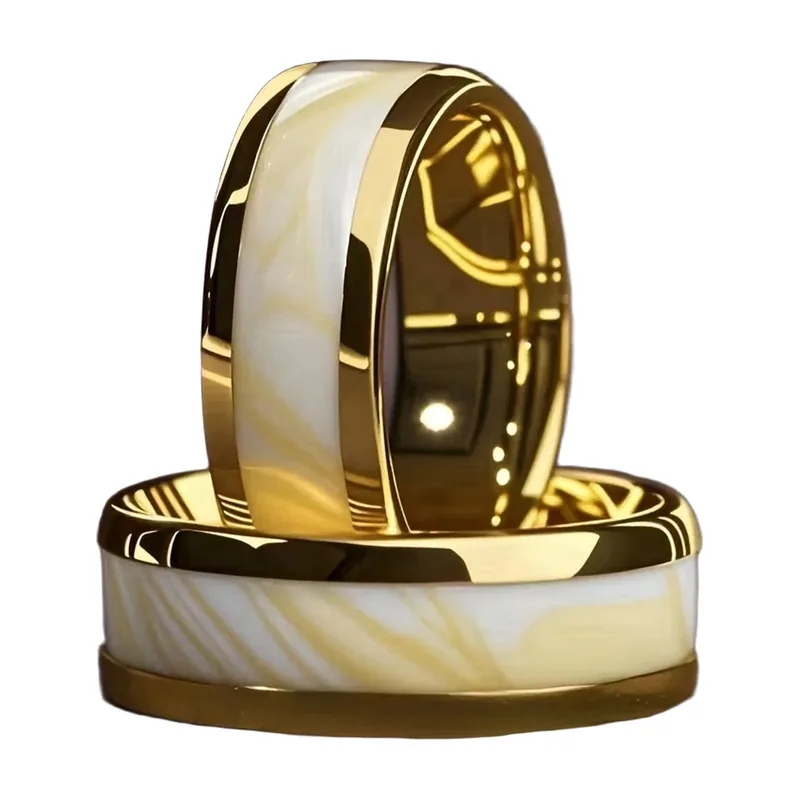 Gold-Plated Band Ring with White Stone, Stainless Steel