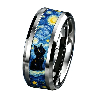 Cat and Starry Night Art Ring, 316L Stainless Steel