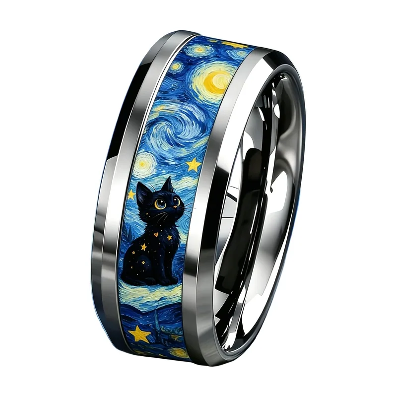 Bague Chat et Nuit Étoilée, Acier Inoxydable